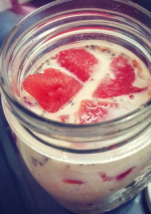 A picture of Watermelon & Strawberry Overnight Oatmeal with Chia Seeds.