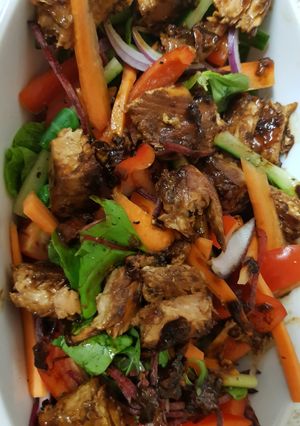 A picture of My Orange, Ginger Salmon with Salad.