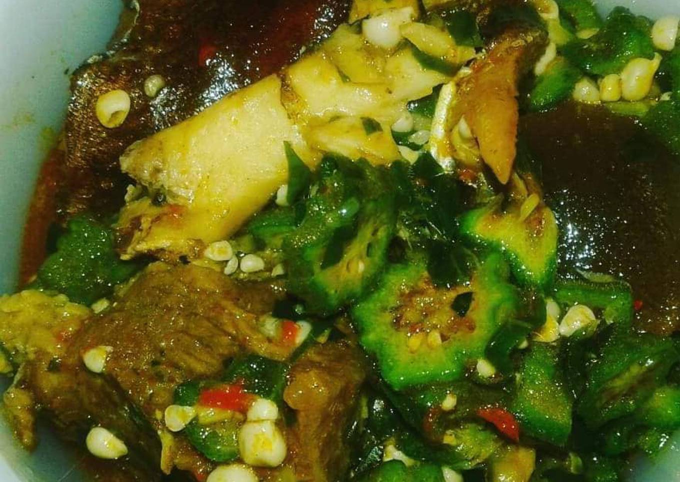 Fresh okro and goat meat