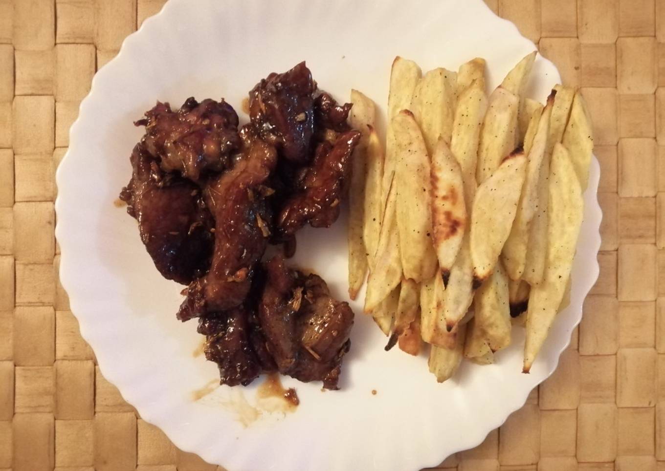 Baked Honey Garlic Goat Meat and Sweet Potato Fries