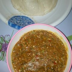 A picture of Tuwon semo with okro soup.