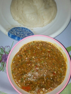 A picture of Tuwon semo with okro soup.