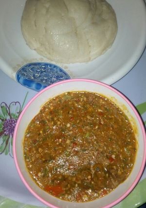A picture of Tuwon semo with okro soup.