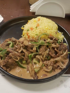 A picture of Fried rice with shredded beef sauce.