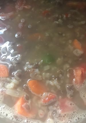 Una foto de Guiso de lentejas vegano y con arroz