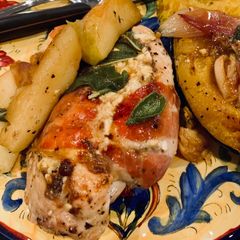A picture of Prosciutto Wrapped Chicken and Apples.