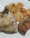 Pollo asado al carbón con filete de cerdo, papa y zanahoria