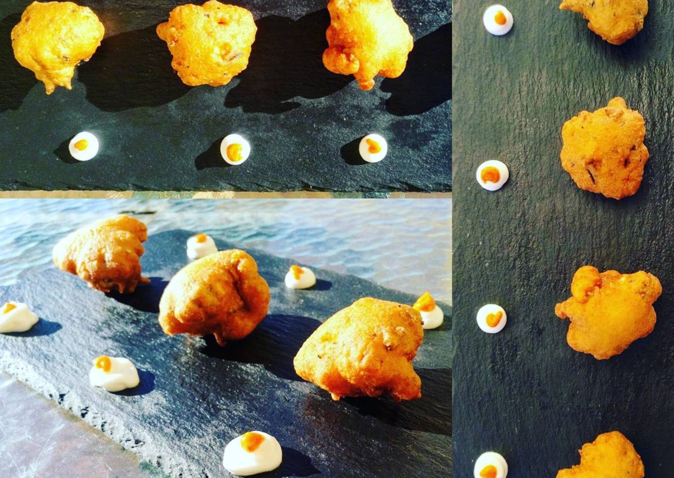 Buñuelos de mejillones con salsa romescu y all i oli