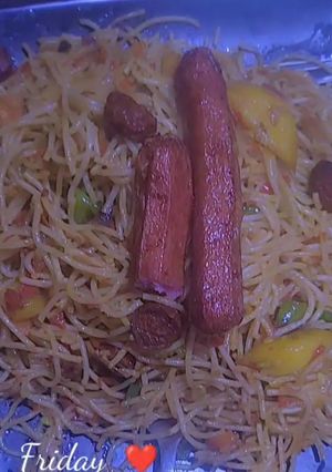 A picture of Fried Spaghetti with Sausages and Potatoes.