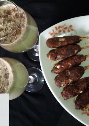 A picture of Beef Kebab with Oreos Milkshake.