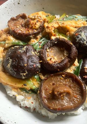 A picture of Simmered Shiitake & Egg Rice Bowl.