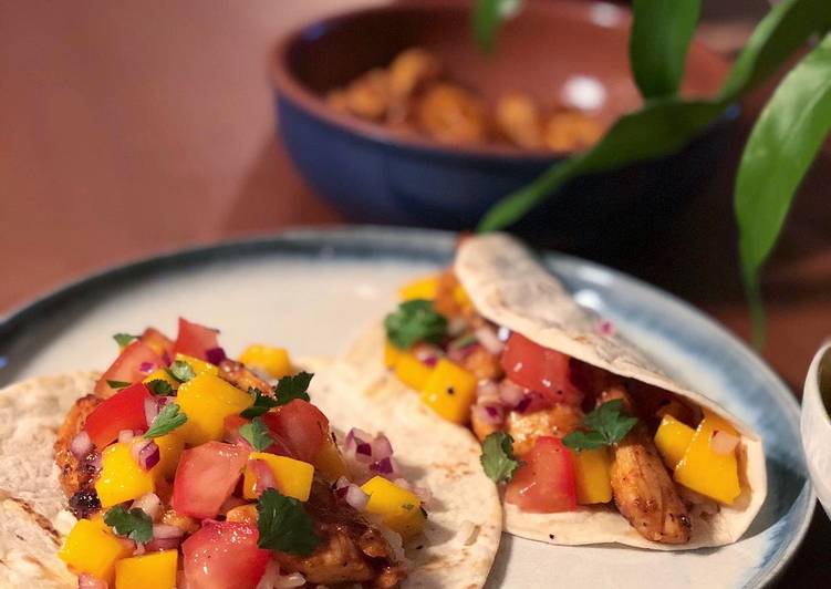 Honey chicken and brown rice tacos with a mango salsa