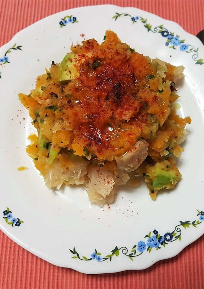 Una foto de Puré de Patata y Calabaza con Merluza Teriyaki