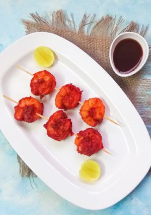 A picture of King prawn satay.