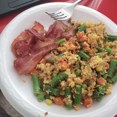 A picture of Scrambled Eggs with Bacon.