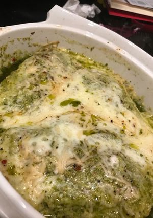 A picture of Basil Pesto Chicken With Mozzarella & Parmesan Cheess.