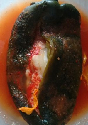 A picture of Chiles Rellenos with Squash Blossoms.