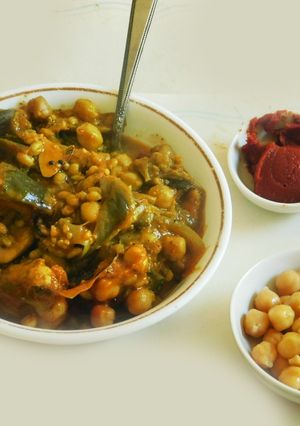 A picture of Kabuli Chana Eggplant Masala Curry.
