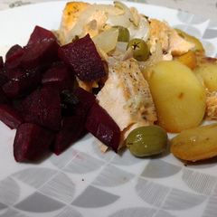A picture of Salmon with Roasted Beetroot.