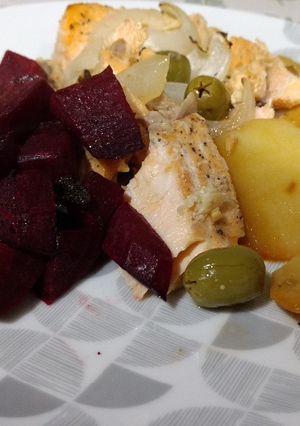 A picture of Salmon with Roasted Beetroot.