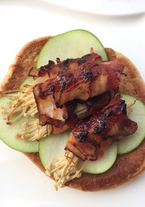 A picture of Bacon Wrapped Enoki Mushroom Pita Sandwich.