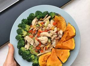 Hình của món Ức gà xào nấm + súp lơ (bữa tối eat clean).