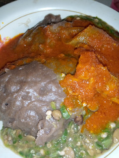 A picture of Amala and okro soup.