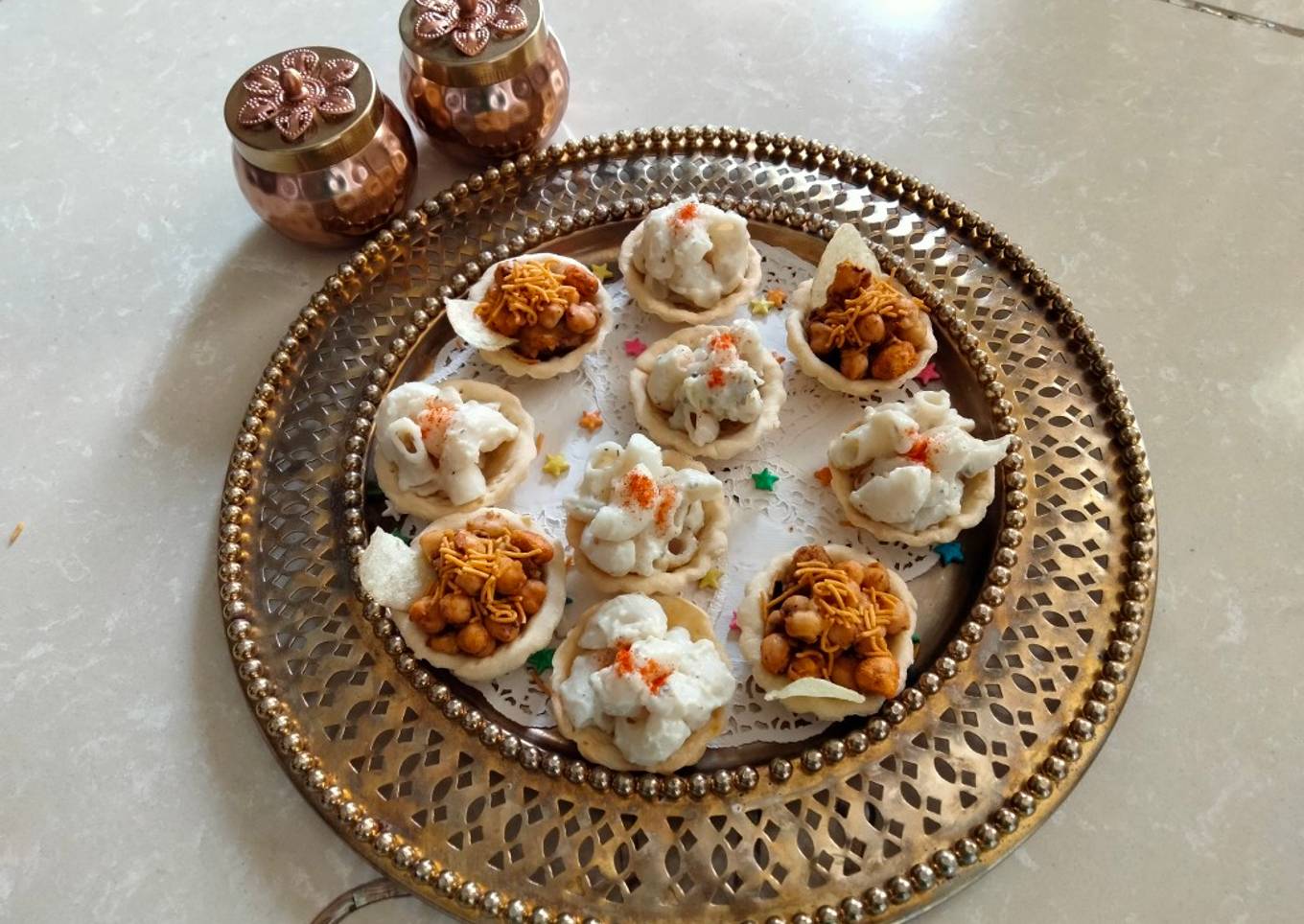 Mini tart shells filled with pasta and chana aloo chaat
