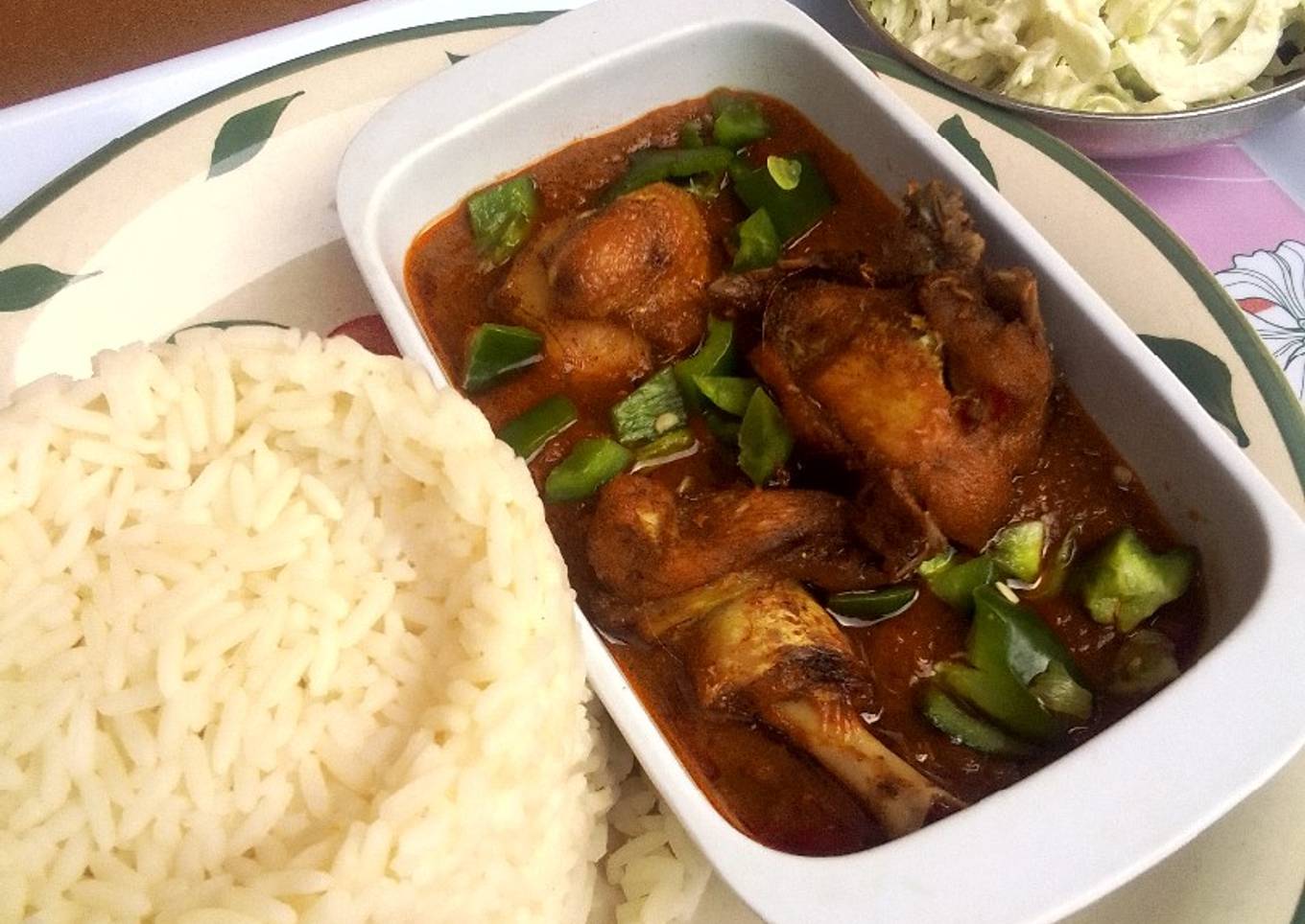 Orange rice, Chicken Stew and Creamy Cabbage Salad