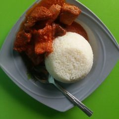 A picture of Rice and stew with assorted meat.