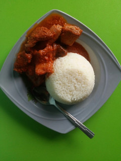 A picture of Rice and stew with assorted meat.