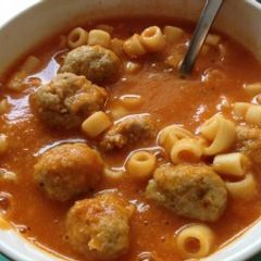 A picture of Soup with Chicken Balls & Pasta.