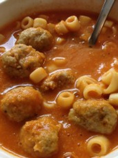 A picture of Soup with Chicken Balls & Pasta.