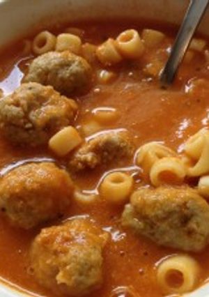 A picture of Soup with Chicken Balls & Pasta.