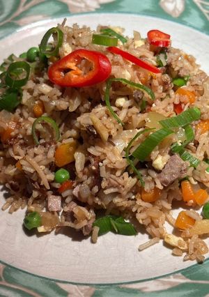 A picture of Fried rice with leftover duck.