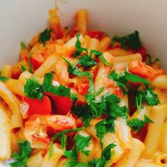 A picture of Cajun pasta with shrimp.