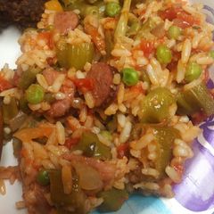 A picture of Rice, Okra, and Tomatoes.