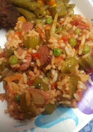 A picture of Rice, Okra, and Tomatoes.