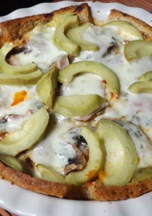 A picture of Purple Eggplant with Mushrooms and Avocado.