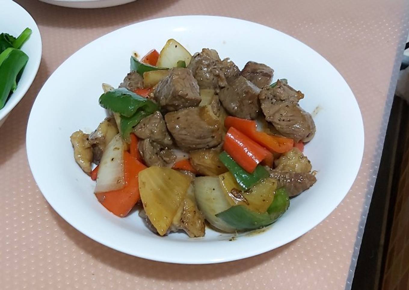 Beef steak fry with chili and onion