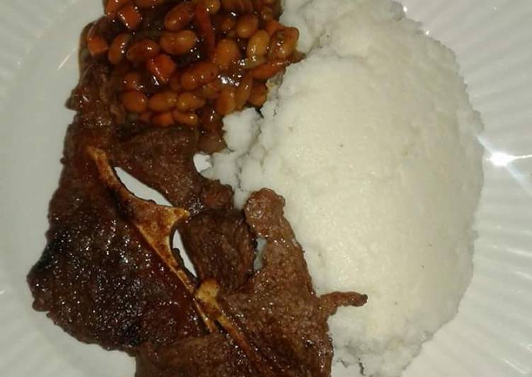 Wet Fried Beef, stewed beans with Ugali