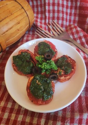 A picture of Baked Pesto Tomatoes.