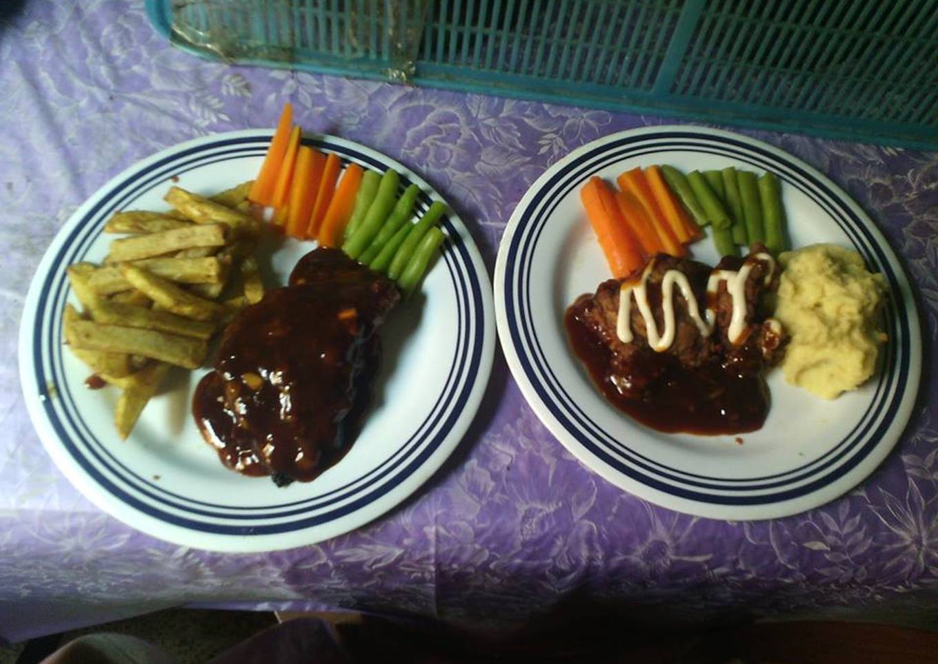 Homemade sirloin beef steak with french fries dan crispy beef steak with mayonese and mashed potato