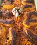 Arroz al horno de Pascua. Con albóndigas de bacalao, garbanzos, castañas y pasas