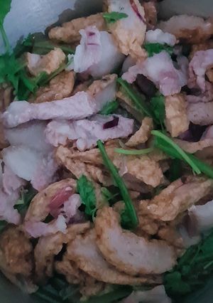 Hình của món Thịt xào chả cá.
