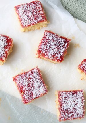 A picture of Vanilla Sponge Cake with Coconut & Jam - English School Dinner Cake.