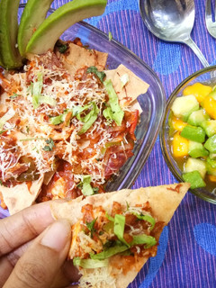 A picture of Left-over roti Nachos with Mango-Avocado salad.