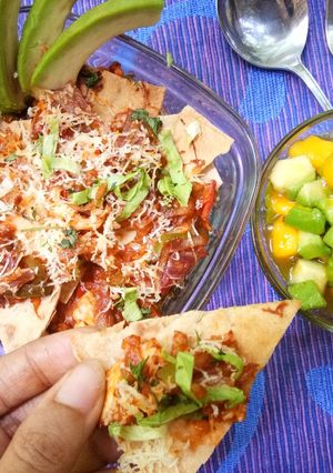 A picture of Left-over roti Nachos with Mango-Avocado salad.