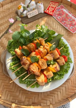 A picture of Grilled Vegan Skewers with Tofu Skin and Bell Peppers.