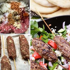 A picture of Wagyu Beef Kofta Kebabs with Tzatziki Sauce.